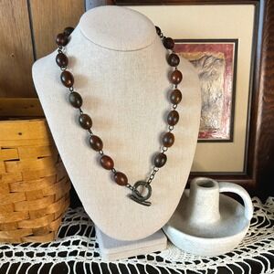 Boho Wood Bead Necklace Toggle Clasp Statement Chain Earth‎ Tone Jewelry